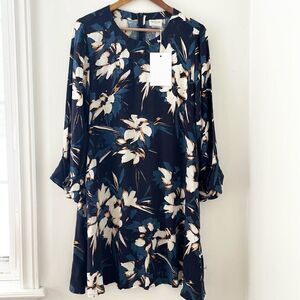 NWT Navy Floral Wrap London Midi Dress Linen Blend Wide Sleeve Shift Dress 8